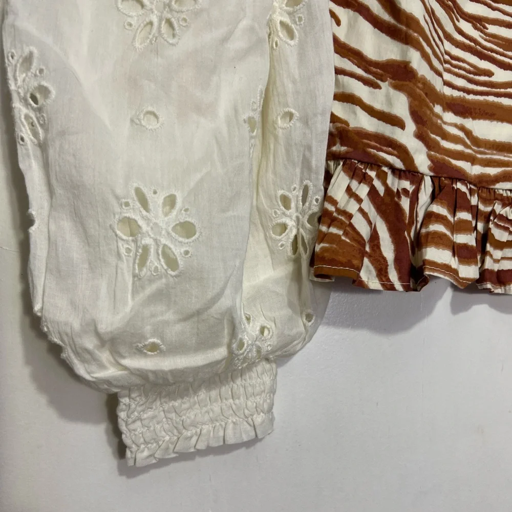 NWT Anthropologie Love The Label Smocked Eyelet Puff Sleeve Blouse Top Size XSP
